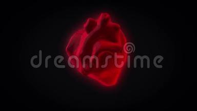 抽象红色现实心脏<strong>跳动</strong>和旋转隔离在黑色背景上，无缝循环。 <strong>动画</strong>。 真正的人类